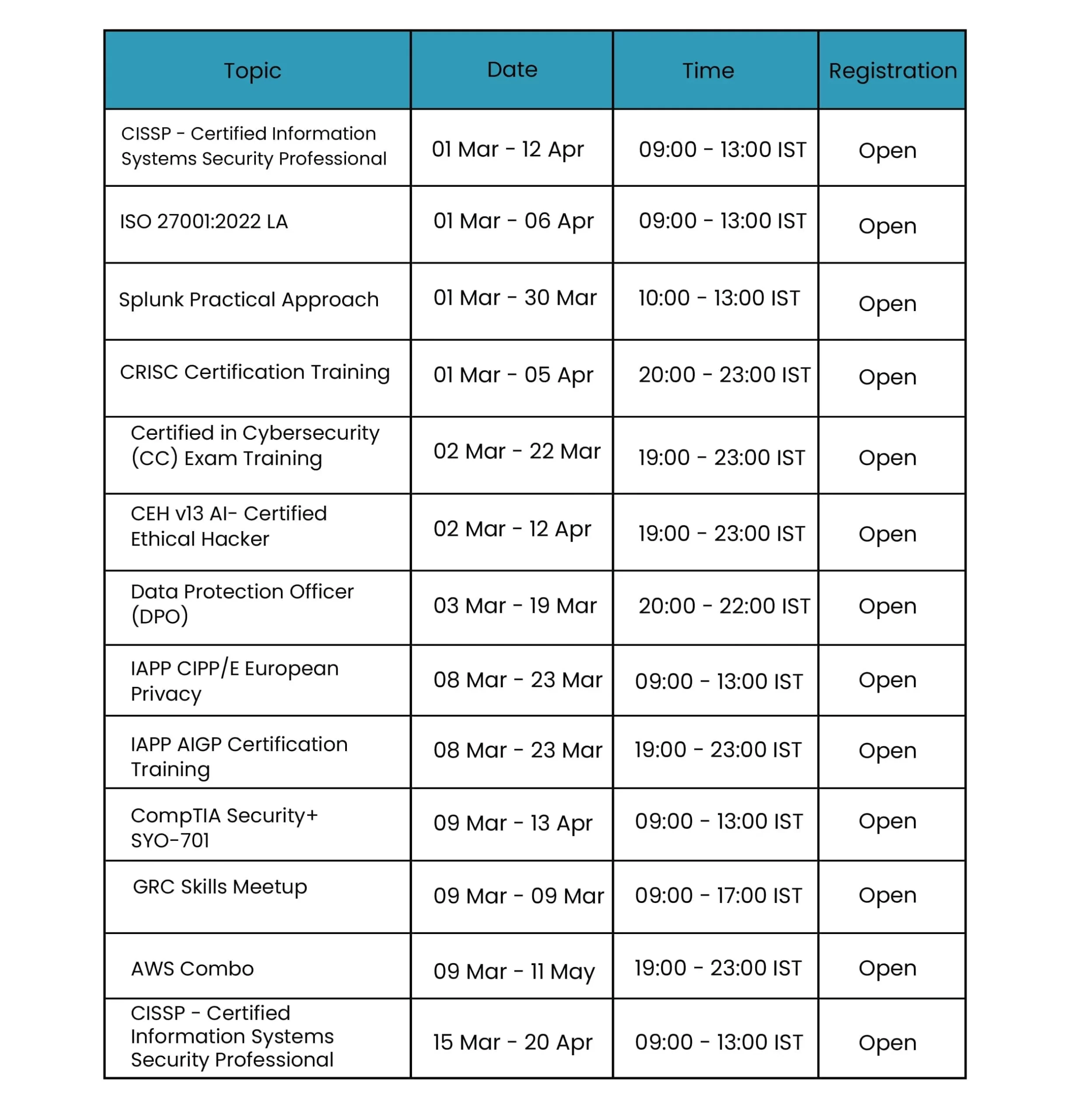 Certificate Course Calendar