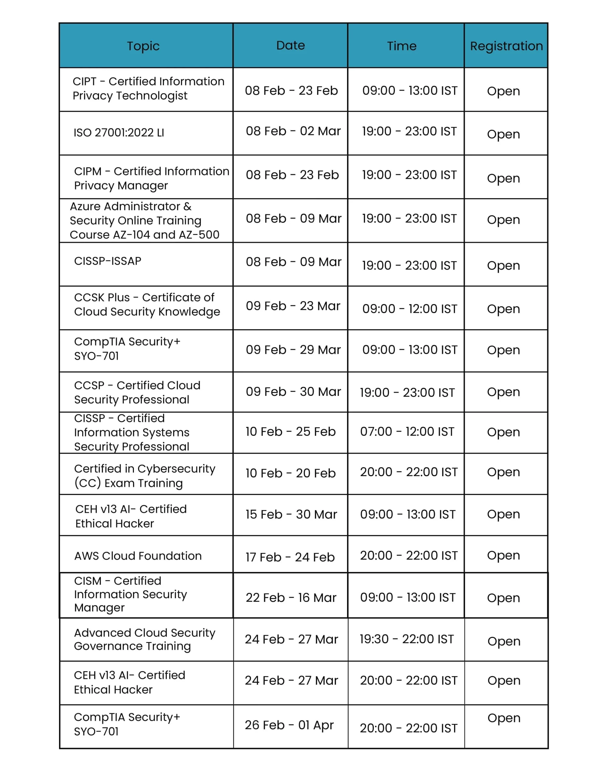 Certificate Course Calendar